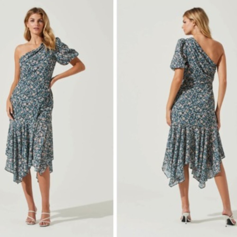 ASTR SANTORINI FLORAL ONE SHOULDER MIDI DRESS